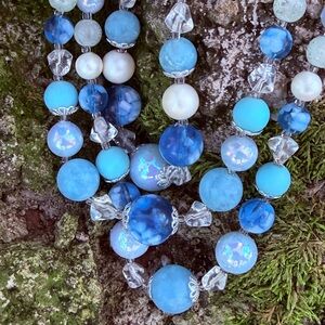 Vintage Blue and White Beaded Necklace marked Japan